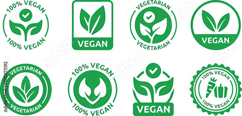vegan, vegetarian, labels, organic, label, healthy, circular, with, checkmark, food, product, symbols, description:, certifications, illustration, white, eight, plant, collection, percent, badge, cert