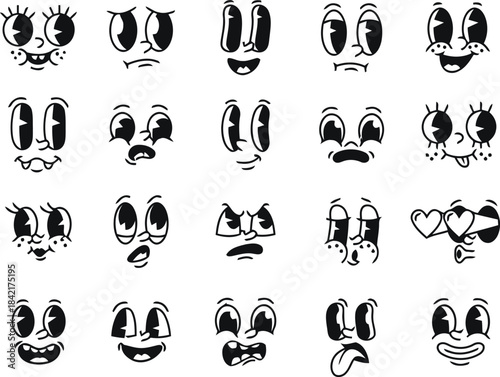 cartoon, face, expression, emotion, vintage, retro, character, drawing, illustration, happy, sad, angry, surprised, confused, excited, playful, silly, funny, doodle, graphic, design, icon, set, collec
