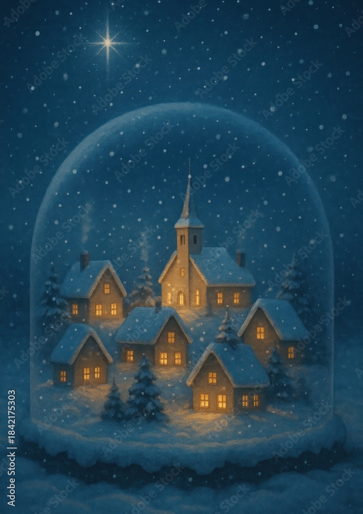 Fototapeta premium Cozy village under starry snow.
