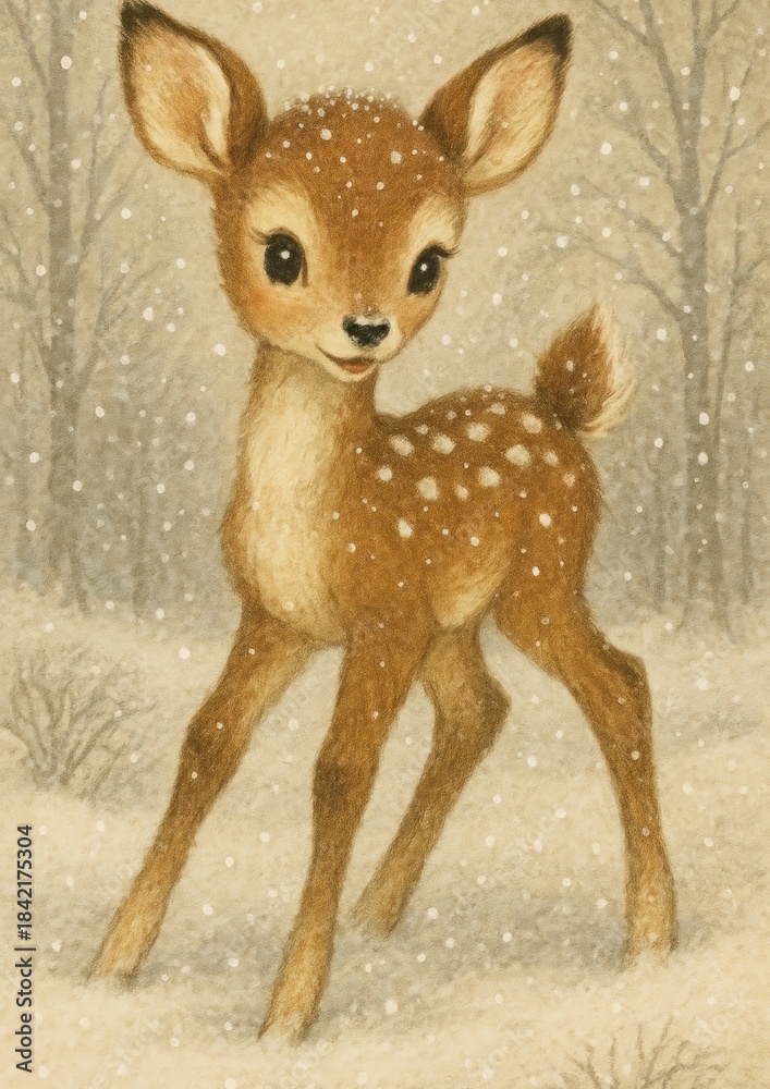 Fototapeta premium Adorable fawn in snowy forest.