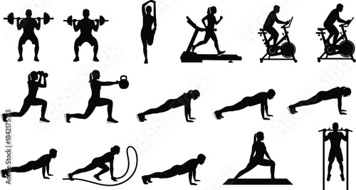 Collection of black silhouettes of people performing various fitness exercises and workouts