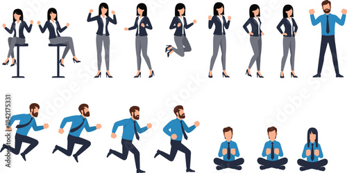 Collection of business people in various poses and actions on white background woman