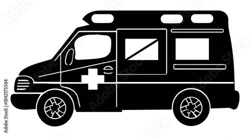 Black silhouette ambulance van emergency medical transport vehicle side view isolated on white background vector illustration rescue health care service symbol hospital aid transportation