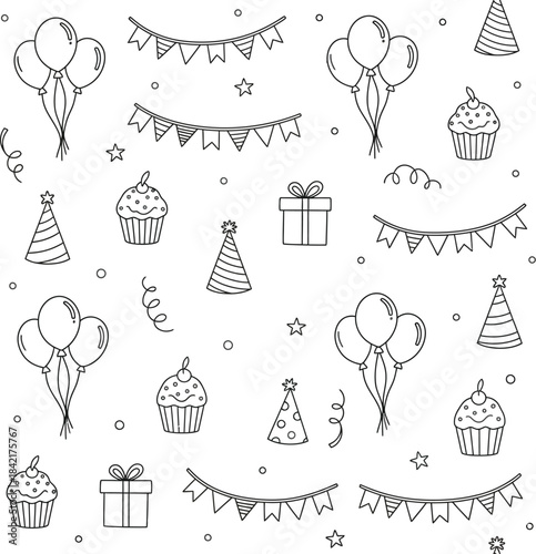 Hand-drawn sketch of birthday party elements
Party and Holiday Doodle Set with Fireworks, Champagne, and Decorations
