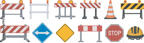 Traffic Road Repair Barrier Vector with Safety Barricades