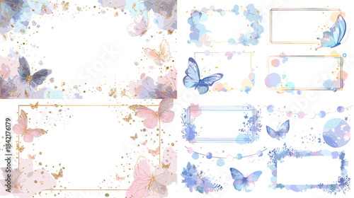 Soft watercolor frame and background collection with clouds butterflies and pastel washes perfect for invitations stationery baby themes and gentle layouts.