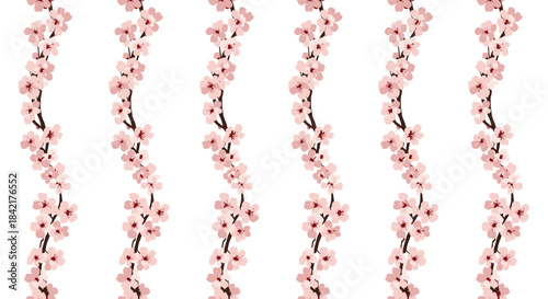 A beautiful seamless pattern of vertical watercolor cherry blossom branches with delicate pink flowers on a clean white background.