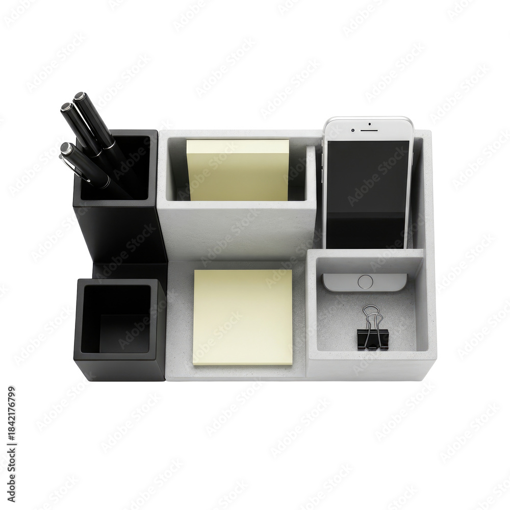 Obraz premium Modern Office Organizer with Pens Phone and Sticky Notes on a Transparent Background