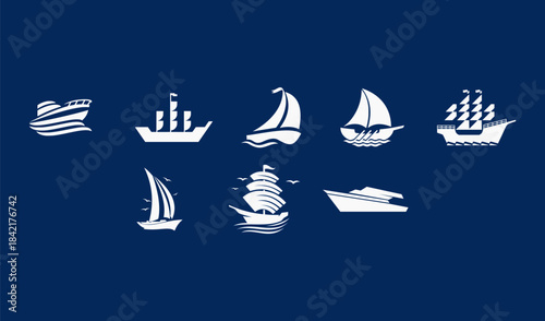 Stylized marine vessel logo collection depicting various boats for sailing on a blue canvas