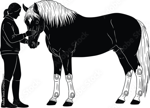 Black and White Silhouette of a Horsewoman Gently Interacting with Her Majestic Horse Wearing Protective Sport Boots, Illustrating the Powerful Equestrian Bond and Partnership