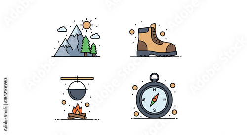 A set of four colorful line icons representing camping and hiking essentials including mountains a boot campfire and a compass.