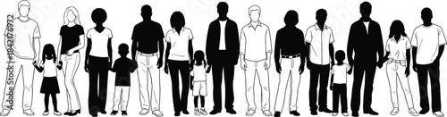 Diverse Group of People Standing Together in a Row, Featuring Adults and Children in Black and White Outline and Silhouette Styles for Unity