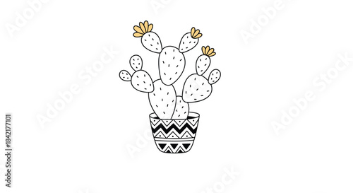 A hand-drawn black and white doodle of a blooming prickly pear cactus in a pot decorated with a zigzag geometric pattern.