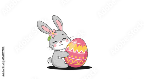 A sweet cartoon Easter bunny with a flower in its hair hugging a large and colorfully decorated pink Easter egg for the holiday.