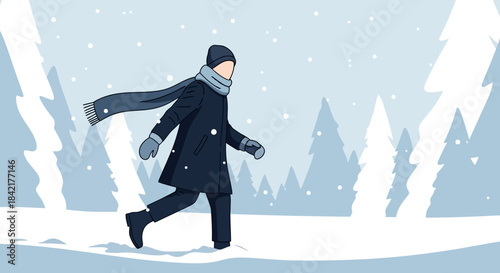Man Walking in Snowfall Wearing Winter Clothes