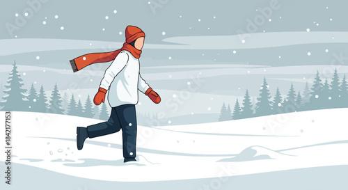 Man Walking in Snowfall Wearing Winter Clothes
