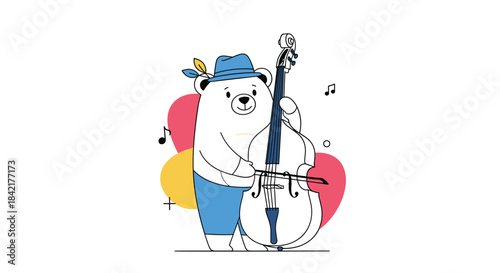 A whimsical cartoon polar bear wearing a blue hat and pants while playing a double bass against abstract colorful shapes.