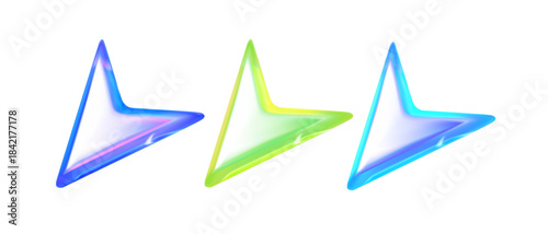 Holographic 3D arrow cursor icons set in blue, green and turquoise. Ideal for UI/UX design, navigation elements, maps, apps, buttons and digital interfaces.