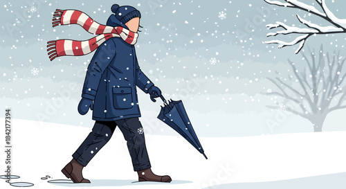 A person holding an umbrella while walking through softly falling snow captured in a minimalist winter illustration