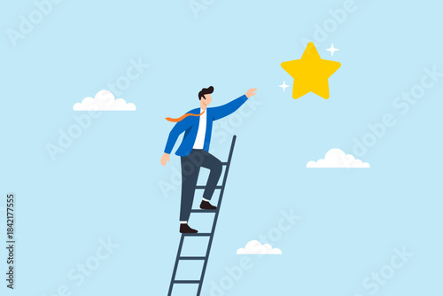 Flat illustration of businessman climbing ladder to reach glowing star symbolizing ambition aspiration career success personal growth and goal achievement