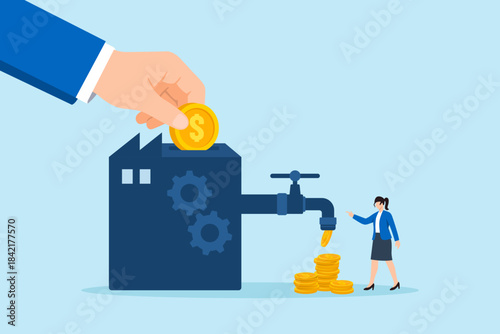 Flat illustration of hand inserting coin into factory machine producing more money symbolizing investment return business profit and financial growth