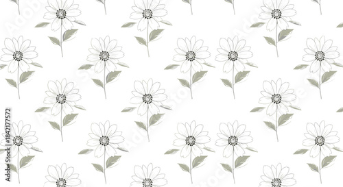 A gentle and seamless repeating pattern of hand-drawn daisy or chamomile flowers with gray leaves on a clean white background.