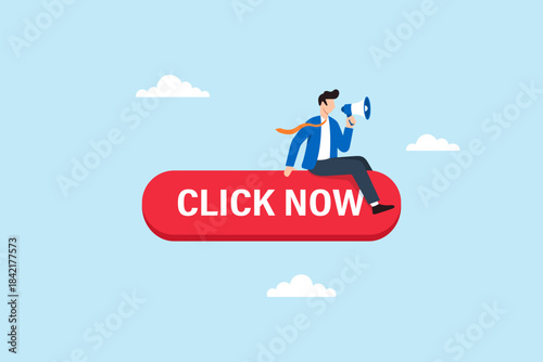 Flat illustration of businessman sitting on large button using megaphone to deliver call to action symbolizing digital marketing promotion and engagement