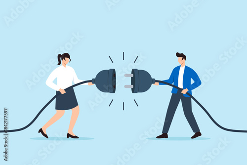 Flat illustration of man and woman pulling large electric plug to disconnect connection symbolizing broken communication and digital separation