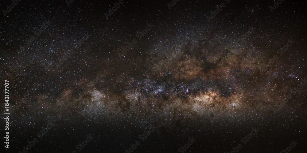Obraz premium Pamorama night blue sky space background, Starry universe in dark blue sky, Milky way galaxy with stardust field in deep universe