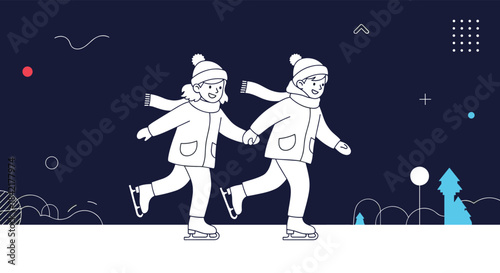 A lovely hand-drawn line art illustration of a happy couple holding hands while ice skating on a dark blue winter night background.