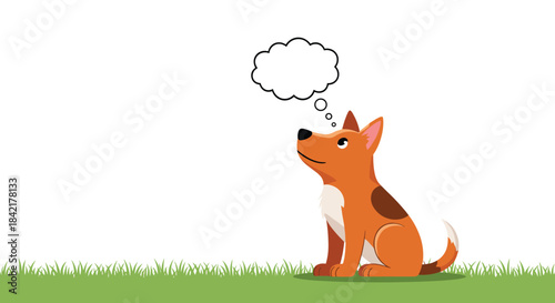 A cute cartoon dog is sitting on the green grass and looking up inquisitively at an empty thought bubble with copy space for text.