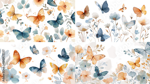 Soft watercolor butterfly illustration collection with pastel wings and floral accents perfect for spring decor nature themes and delicate background designs.