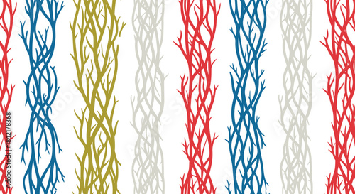 A seamless pattern with vertical stripes of tangled tree branches or coral in red blue yellow and gray on a white background.