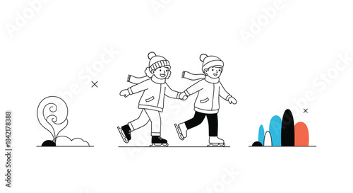 A minimalist line art illustration of two children happily holding hands and ice skating with abstract colorful design elements.