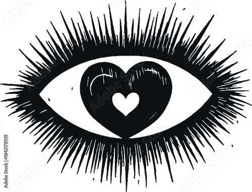 Eye with heart pupil black ink illustration romantic symbol spiritual vision love icon boho mystical tattoo design abstract sketch hand drawn vintage aesthetic isolated on transparent background