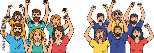 Group of excited people cheering and celebrating with raised fists, isolated on a transparent background, expressing joy and enthusiasm during an event or gathering.