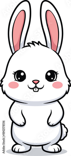 Adorable white cartoon rabbit standing with big glossy eyes long pink ears and buck teeth.