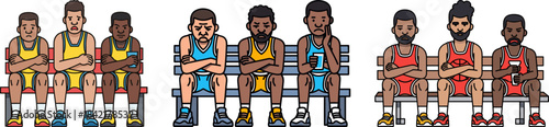 Basketball players sitting on a bench in team uniforms looking serious and focused, isolated on a plain background with animated style and distinct facial expressions.