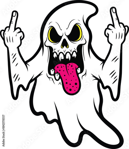 Angry cartoon ghost with a skull face and yellow eyes giving two middle fingers.