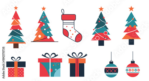 A collection of modern flat design Christmas elements including decorated trees gifts stockings and ornaments in a stylish palette.