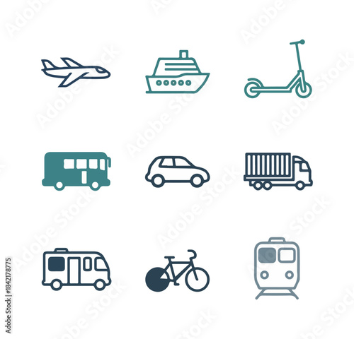 Transportation icons airplane ship scooter bus car truck rv bicycle train