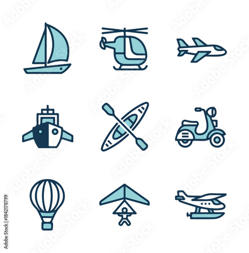 Transportation icons boat helicopter airplane ship kayak scooter balloon glider