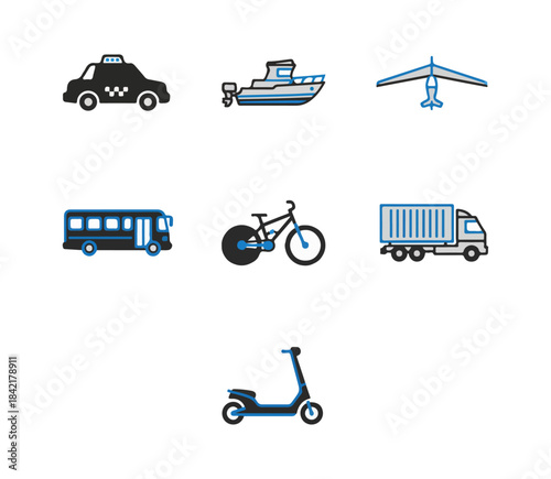 Transportation icons collection taxi boat glider bus bicycle truck scooter
