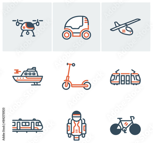 Transportation icons drone car airplane boat scooter train metro jetpack bicycle