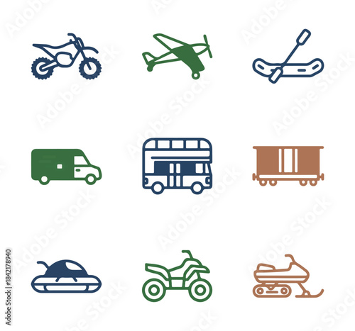 Transportation icons motorcycle airplane sailboat van double decker bus train car tank atv snowmobile