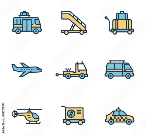 Transportation icons set aircraft vehicles and equipment illustrations