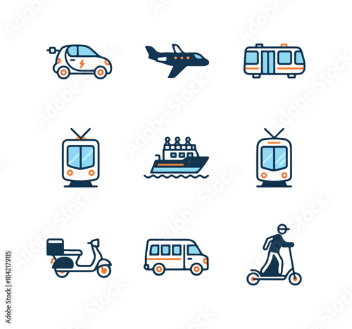 Transportation icons set electric car airplane bus tram ship scooter van scooter