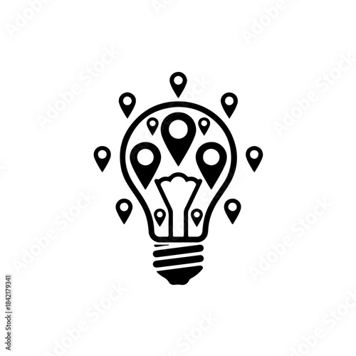 icon composed of multiple location map pins arranged to form the silhouette of an incandescent light bulb. This clever design visualizes a Local Development Idea Emerging from Specific Geographical