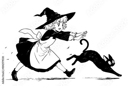 A young girl in a witch's hat is running after a black cat. The cat is black and has a green eye. The girl is wearing a dress and apron