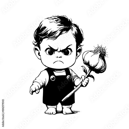A cartoonish child is holding a flower and a bulb. The child is angry and has a scowl on his face